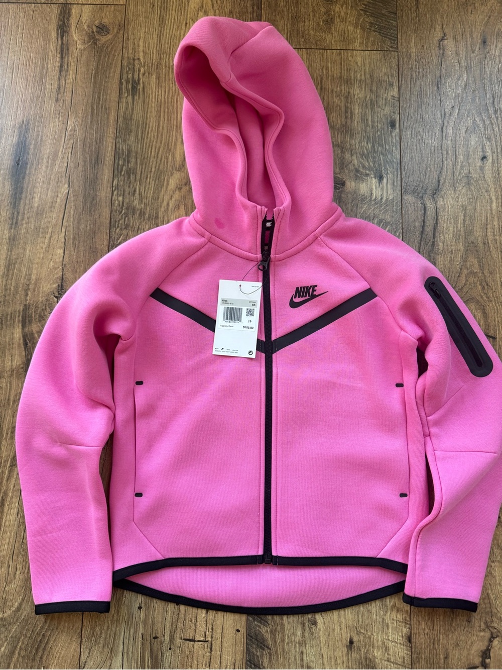 Nike Kids Pink Full‑Zip Hooded Bomber Jacket with Black Trim